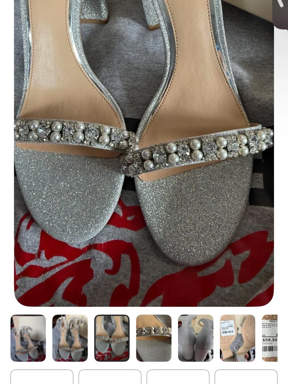 Badgley Mischka Silver Glitter Ankle-Strap Block Heels with Jeweled Toe Strap